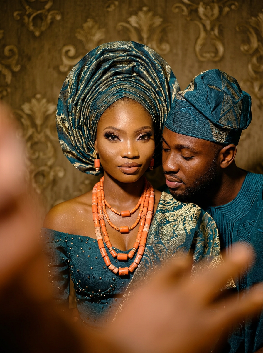 Wedding party in matching blue and gold aso-ebi outfits